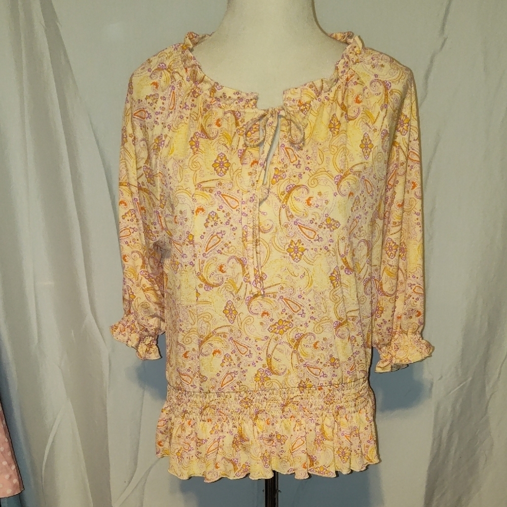 Melloday Blouse Floral Paisley Boho Ruffle Tie Neck Anthropologies Size Medium